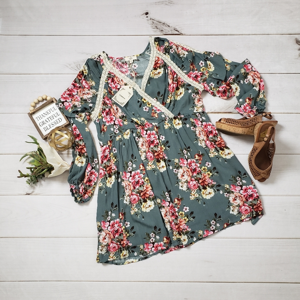 Entro Teal Floral Dress w/ Crochet Detail